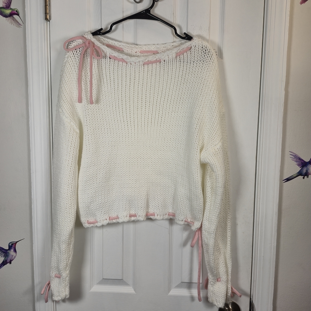 Coquette White Chunky Knit Sweater Pink Ribbons Bows Small Balletcore